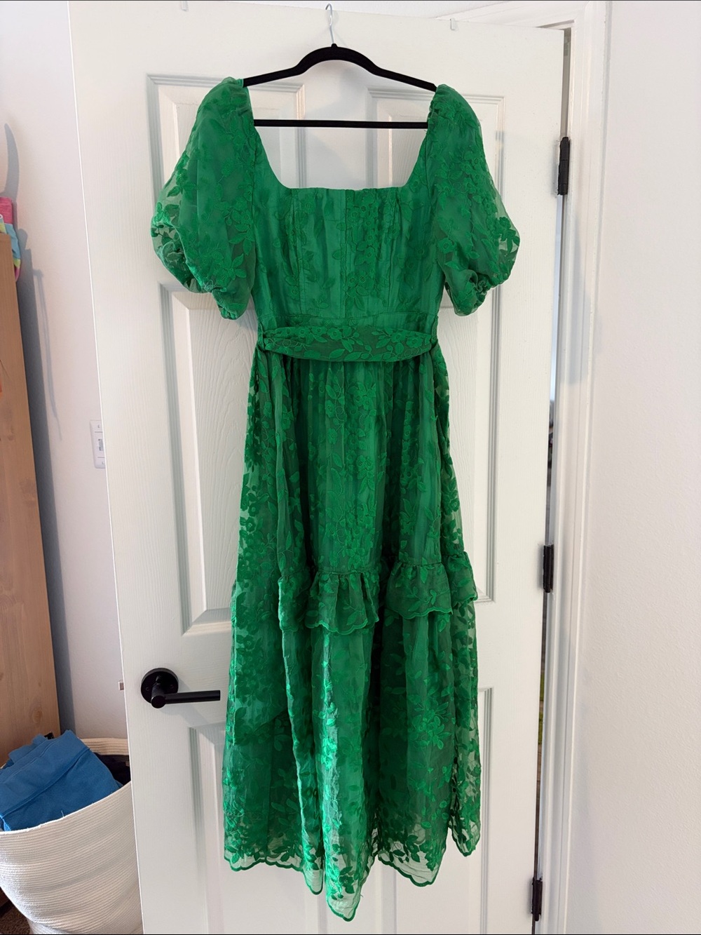 Chloe Dao Green Lace Maxi Dress with Puff Sleeves